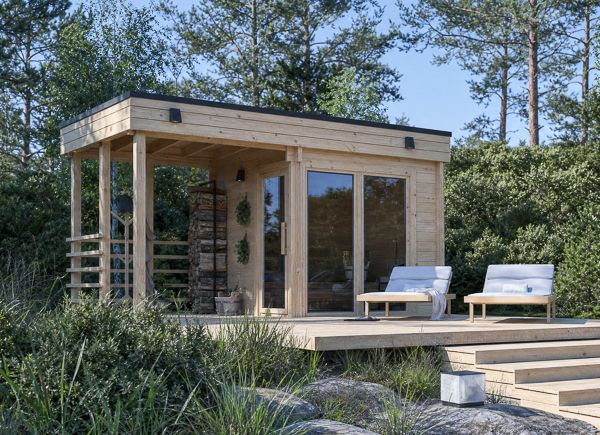 Wooden Sauna FREJA with Covered Terrace | Solid Log – 4.54×2.54 m (15'×8'), 9.15 m² thumbnail 1