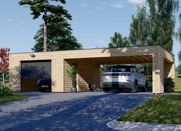 Single Wooden Garage SILVIA F (34 mm + cladding), 4x6 m (13'x20'), With Double Carport 6x6 m (18'x20') avp.ui.product_images.thumbnail 1