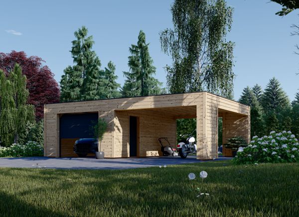 Single Wooden Garage SILVIA F (34 mm + cladding), 4x6 m (13'x20'), With Single Carport 4x6 m (13'x20') avp.ui.product_images.thumbnail 1