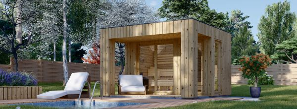 Outdoor Sauna DELLA (34 mm + Cladding), 3,6 x 2,1 m, 5,5 m², Terrace 5 m²
