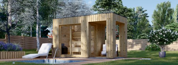Outdoor Sauna DELLA (34 mm + Cladding), 2,6 x 2,1 m, 3,8 m², Terrace 3 m²