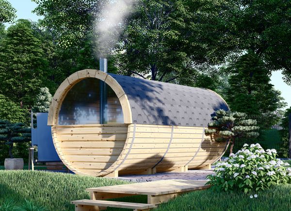 Outdoor Barrel Sauna With Changing Room HELGA 40 (46 mm), 4.0 m, ⌀ 1.97 m, Panoramic Window (Half-height) avp.ui.product_images.thumbnail 1