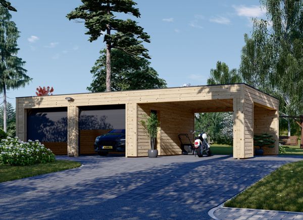 Double Wooden Garage SILVIA F (34 mm + cladding), 6x6m (20'x20'), With Single Carport 4x6 m (13'x20') avp.ui.product_images.thumbnail 1