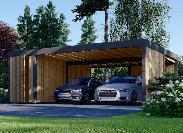 Double Wooden Carport With A Shed LUNA DUO F PLUS, 7.6x5.6 m, With A Side Wall avp.ui.product_images.thumbnail 1