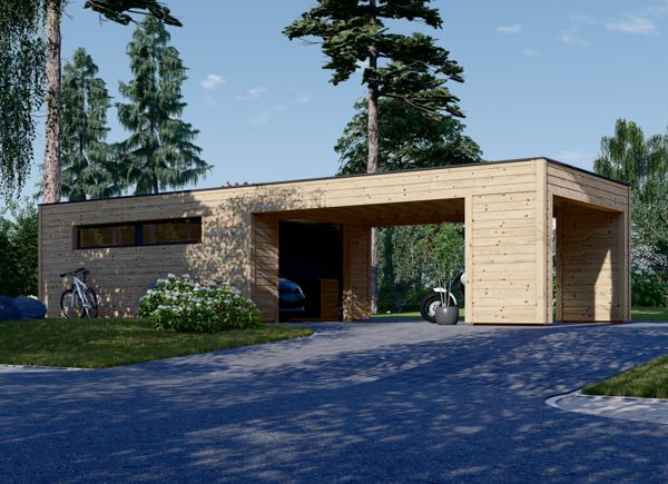 Single Wooden Garage SILVIA F (34 mm + cladding), 4x6 m (13'x20'), With Single Carport (directly in front) 4x6 m (13'x20') avp.ui.product_images.thumbnail 1