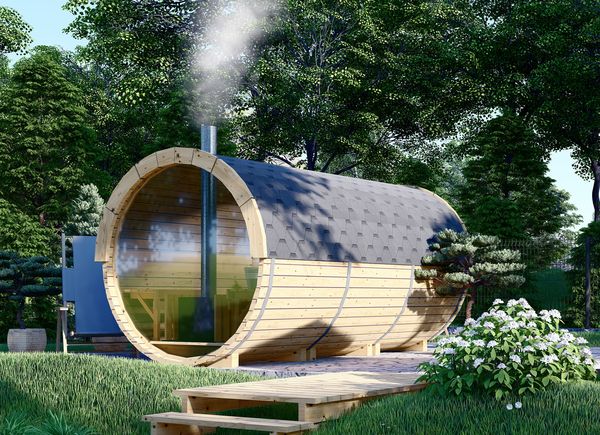 Outdoor Barrel Sauna With Changing Room HELGA 40 (46 mm), 4.0 m, ⌀ 1.97 m, Panoramic Window (Full Height) avp.ui.product_images.thumbnail 1