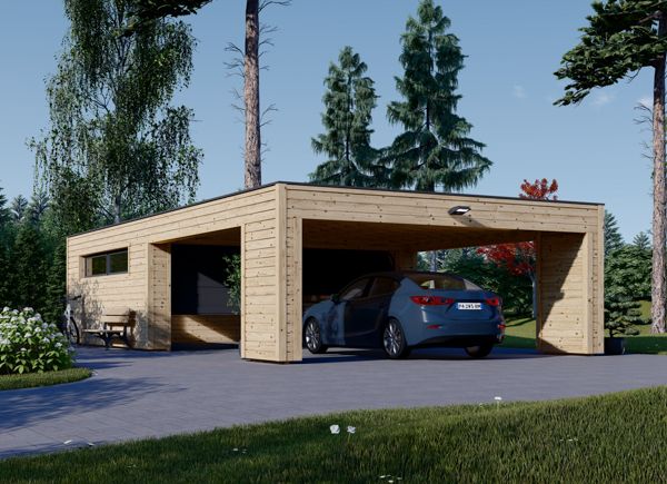 Double Wooden Garage SILVIA F (34 mm + cladding), 6x6 m (20'x20'), With Carport (directly in front) 6x6 m (20'x20') avp.ui.product_images.thumbnail 1