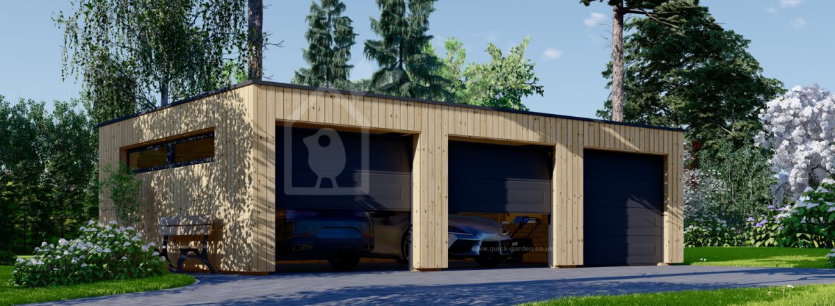 Triple Wooden Garage With Flat Roof SILVIA TRIO F (34 mm +