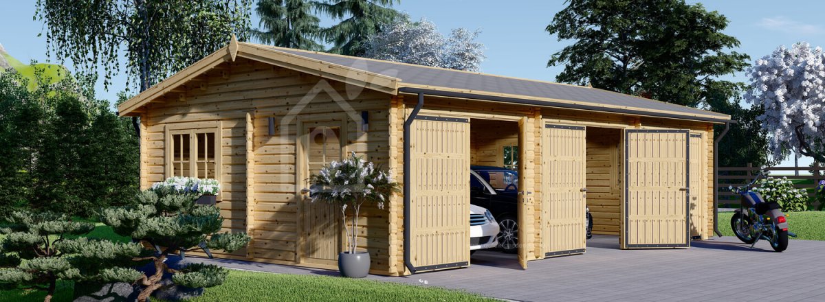 Garage en bois MULTI (44 mm) 4x6 m avec carport double 5.5x6 m