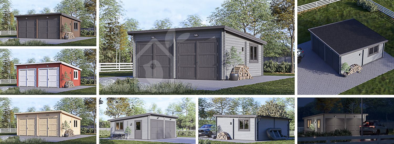Double Wooden Garage with Flat Roof MODERN (44 mm), 6x6 m (20'x20'), 36 m² visualization 1