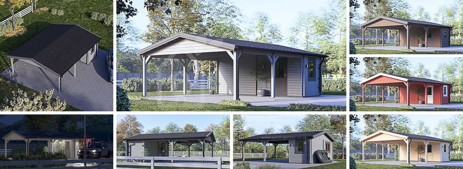 Double Wooden Carport 5.5x6 m (18'x20') With Shed (44 mm), 2x6 m (7'x20') visualization 1