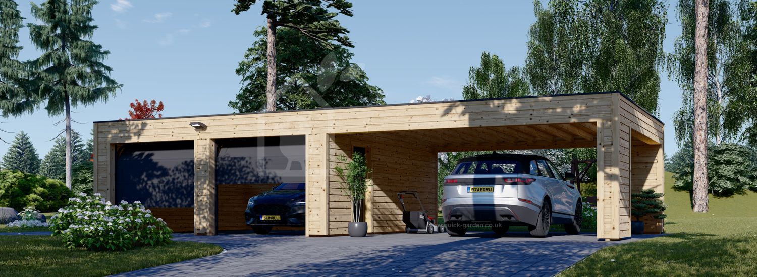 Double Wooden Garage SILVIA F (34 mm + cladding), 6x6m (20'x20'), With Double Carport 6x6 m (20'x20') visualization 1