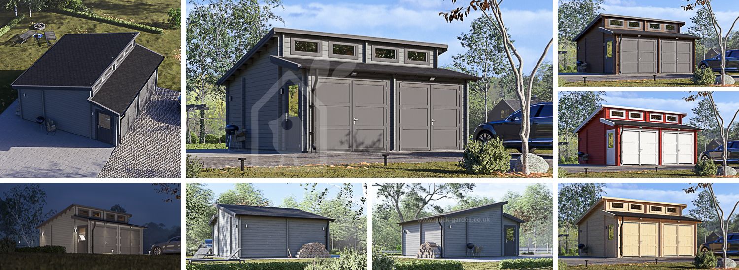 Double Wooden Garage TWIN DUO (44 mm), 6x6 m (20'x20'), 36 m² visualization 1