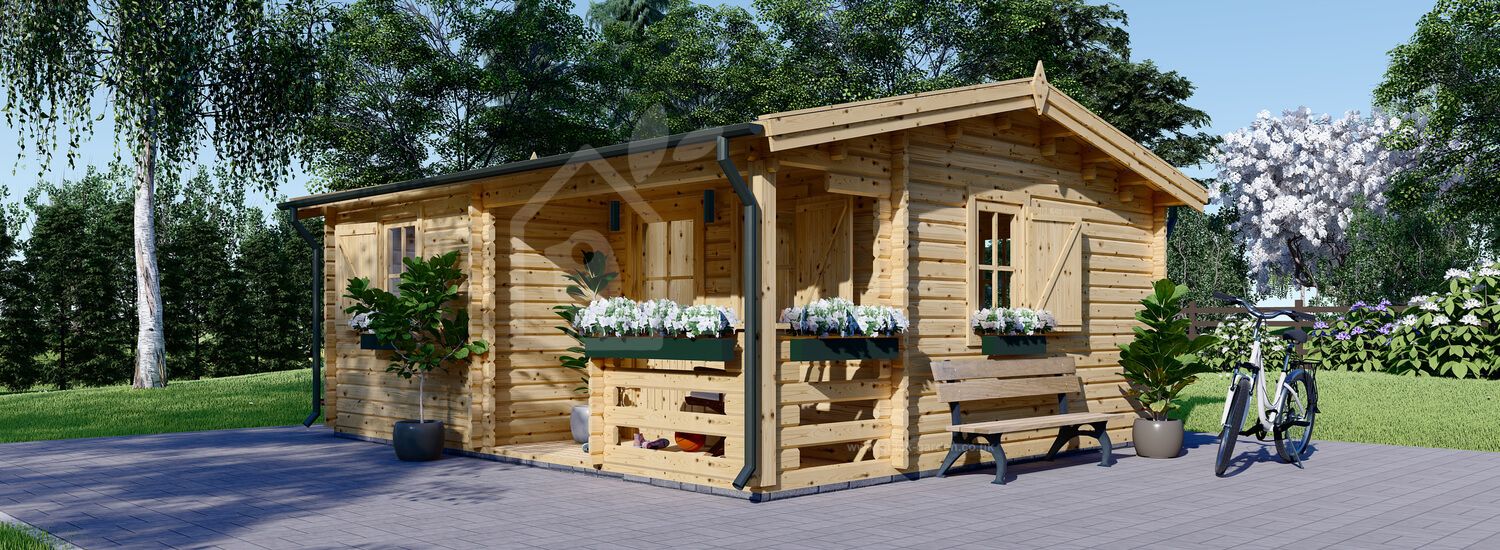 Garden Log Cabin NANTES (34+34 mm + Insulation), 6x4.7 m (20'x15'), 24 m² + 3.5 m² Terrace visualization 1