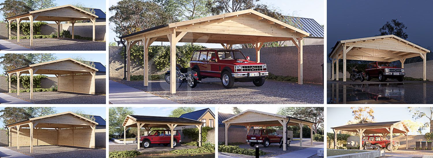 Double Wooden Carport CLASSIC DUO, 6x6 m (20'x20'), 36 m² visualization 1