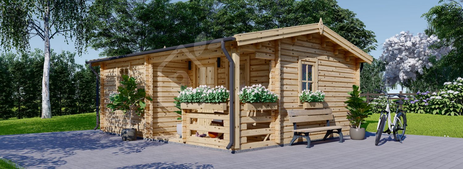 Garden Log Cabin NANTES (44+44 mm + Insulation), 6x4.7 m (20'x15'), 24 m² + 3.5 m² Terrace visualization 1