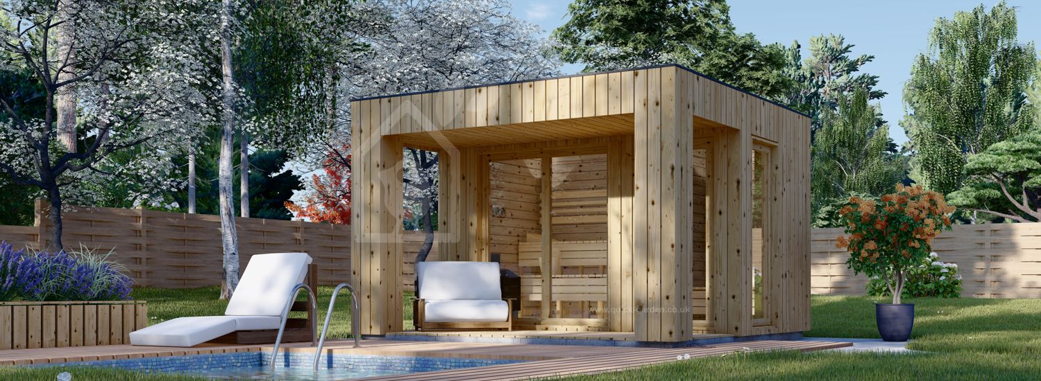 Outdoor Sauna DELLA (34 mm + Cladding), 3,6 x 2,1 m, 5,5 m², Terrace 5 m² visualization 1