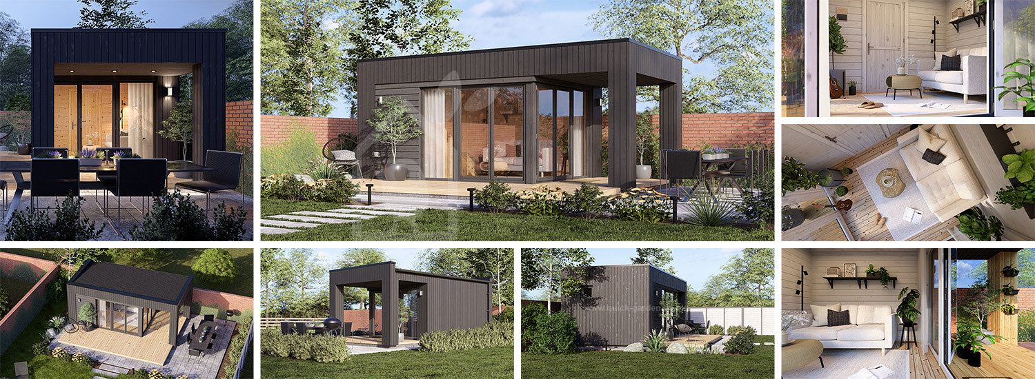 Garden room INES PLUS with terrace (Insulated, 34 + cladding), 6x3 m (20'x10'), 18 m² visualization 1