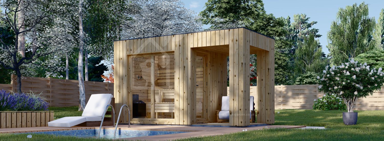 Outdoor Sauna DELLA (34 mm + Cladding), 2,6 x 2,1 m, 3,8 m², Terrace 3 m² visualization 1