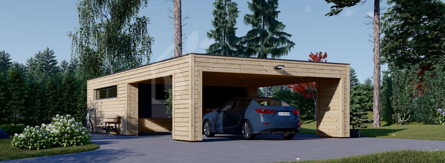 Double Wooden Garage SILVIA F (34 mm + cladding), 6x6 m (20'x20'), With Carport (directly in front) 6x6 m (20'x20') visualization 1