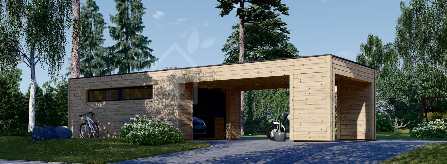 Single Wooden Garage SILVIA F (34 mm + cladding), 4x6 m (13'x20'), With Single Carport (directly in front) 4x6 m (13'x20') visualization 1