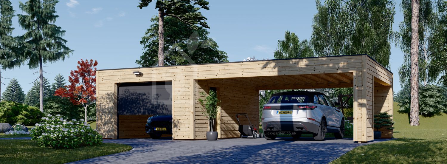 Single Wooden Garage SILVIA F (34 mm + cladding), 4x6 m (13'x20'), With Double Carport 6x6 m (18'x20') visualization 1