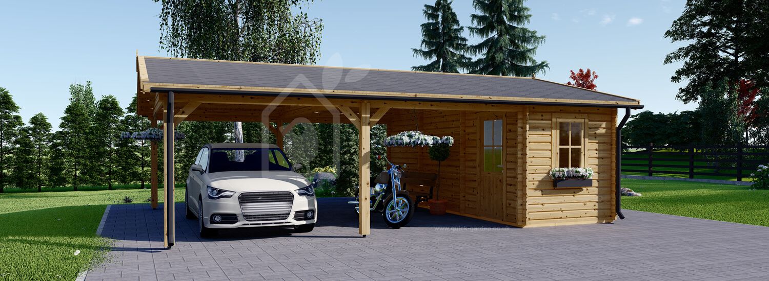 Double Wooden Carport With Shed 7.7m x 6m (25x20 ft) 44 mm