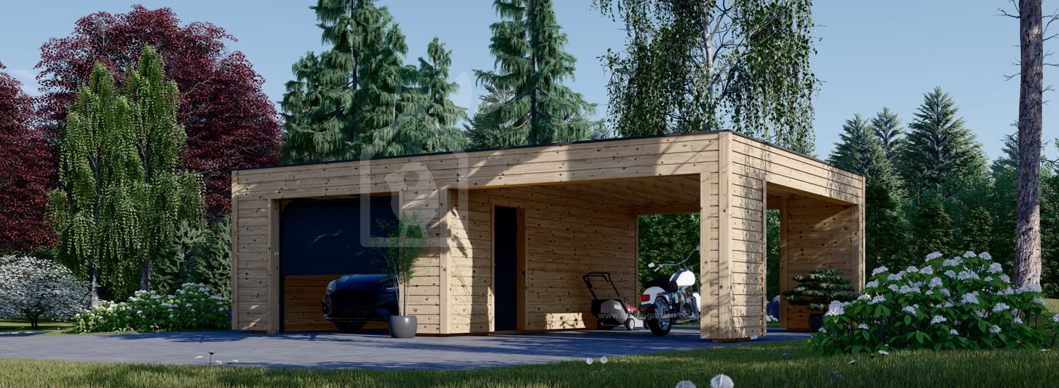 Single Wooden Garage SILVIA F (34 mm + cladding), 4x6 m (13'x20'), With Single Carport 4x6 m (13'x20') visualization 1