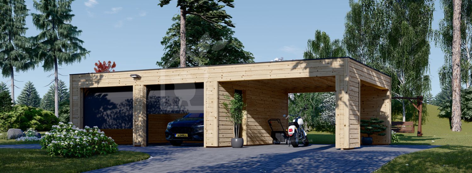 Double Wooden Garage SILVIA F (34 mm + cladding), 6x6m (20'x20'), With Single Carport 4x6 m (13'x20') visualization 1