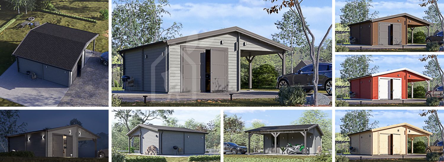 Single Wooden Garage MULTI (44 mm) 4x6 m (13'x20') with Carport 3x6 m (10'x20') visualization 1