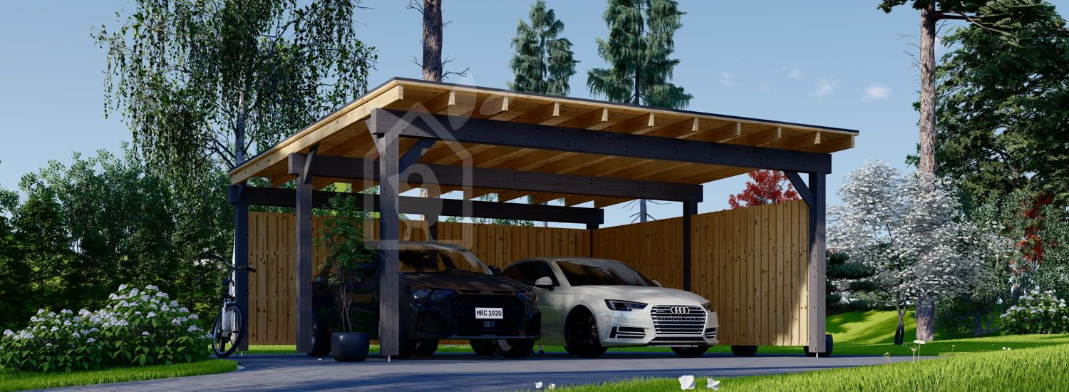 Double Wooden Carport LUNA DUO F With L-shape Wall 6x6 m (20'x20') visualization 1