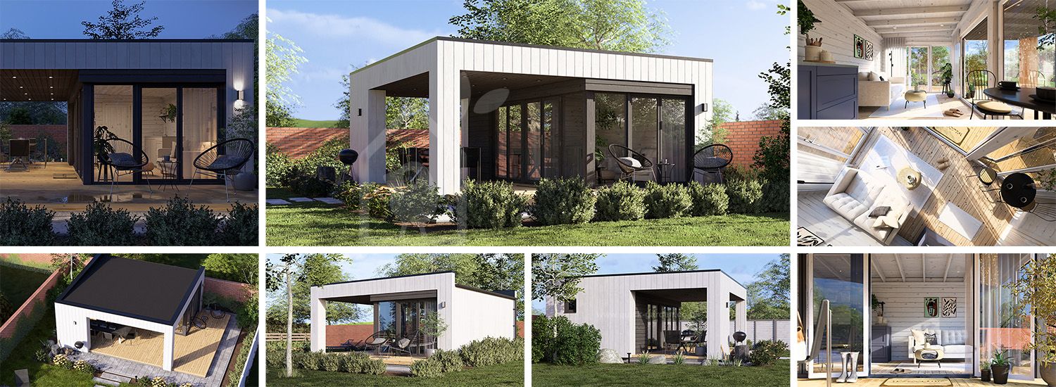 Garden room INES PLUS with front terrace (34 mm + cladding), 6x6 m (20'x20'), 36 m² visualization 1