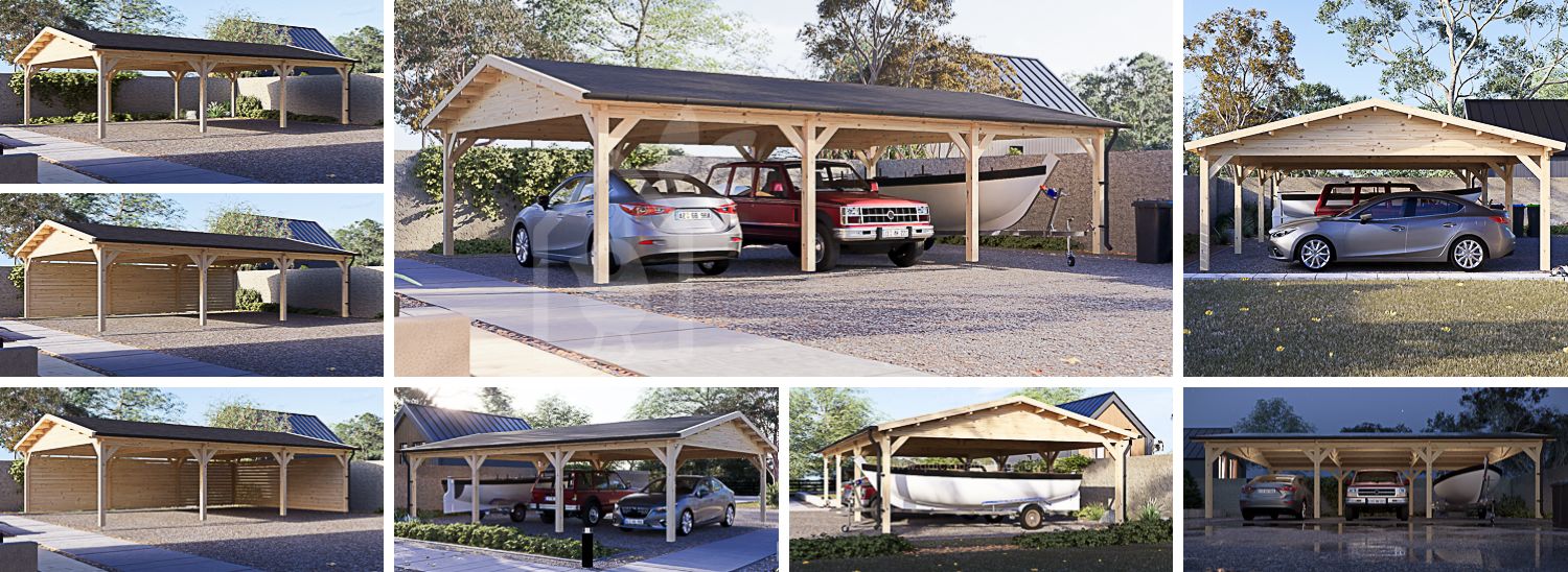 Triple Wooden Carport CLASSIC TRIO, 5.95x8.95 m visualization 1