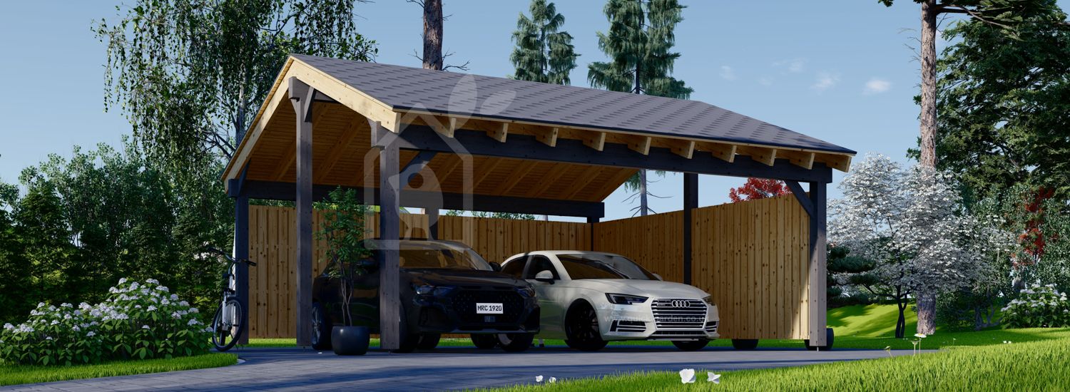 Double Wooden Carport LUNA DUO With L-shape Wall 6x6 m (20'x20') visualization 1