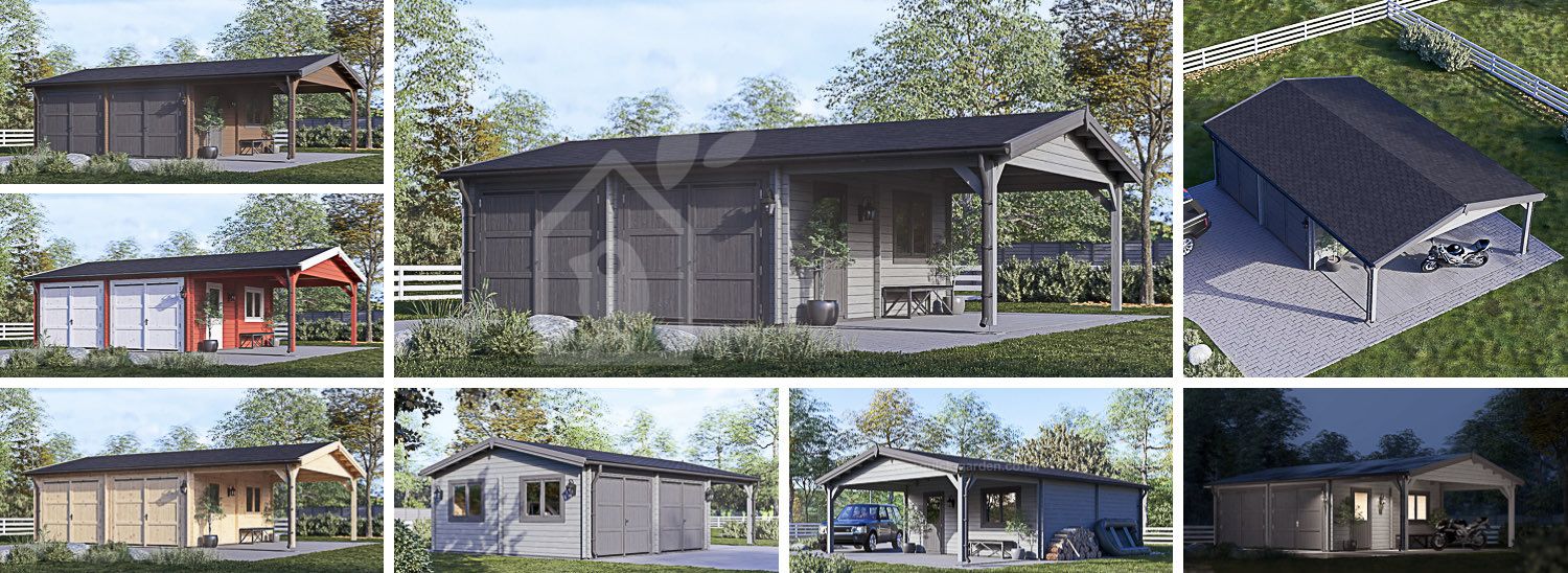 Double Wooden Garage MULTI (44 mm) 6x6 m With Single Carport 3x6 m visualization 1