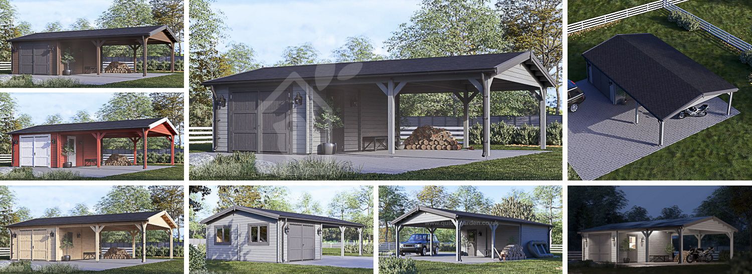 Single Wooden Garage MULTI (44 mm) 4x6 m (13'x20') with Double Carport 5.5x6 m (18'x20') visualization 1
