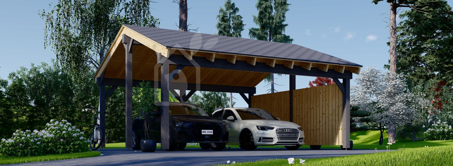 Double Wooden Carport LUNA DUO With A Side Wall 6x6 m (20'x20') visualization 1