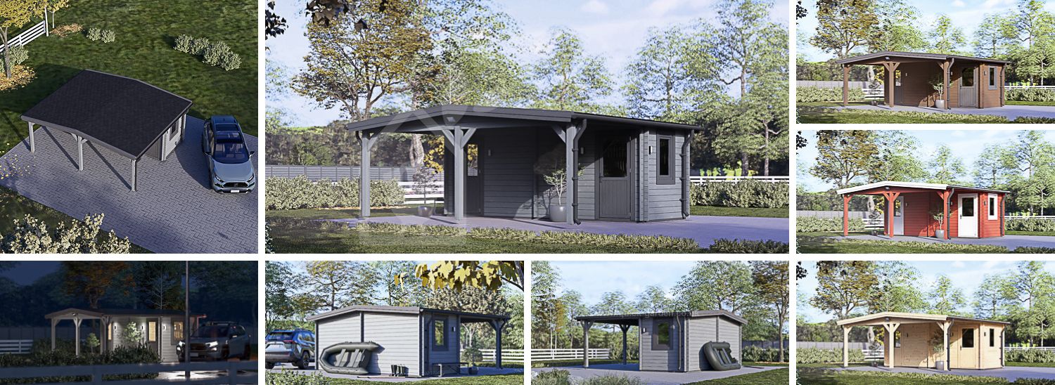 Single Wooden Carport 3x6 m (10'x20') With Shed (44 mm), 2x6 m (7'x20') visualization 1